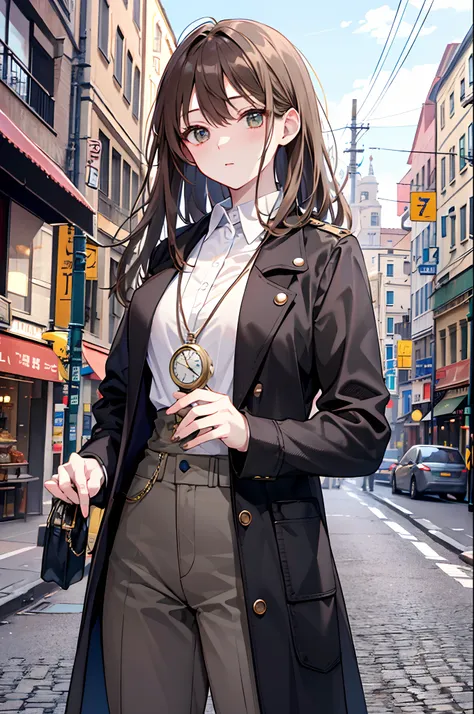 Beautiful woman standing in uninhabited urban city。Beautie。Light brown hair。Clothes based on black。He holds what looks like a large pocket watch in one hand。top-quality。Delicate drawing。８K image quality。４K image quality。