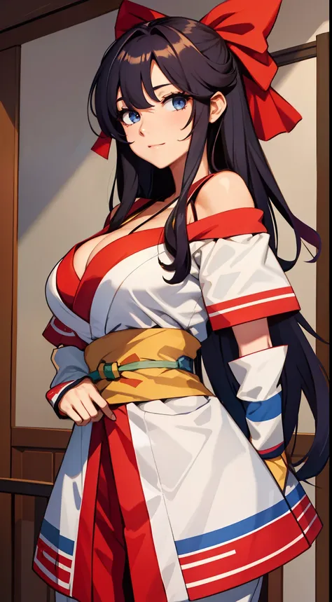 （tmasterpiece，best qualtiy，A high resolution，Off-the-shoulder attire，Large breasts，（cleavage:1.5)，统一 8k 壁纸，Extremely detailed CG：1），（illustratio：1.0），1girll，Solo，nakorurums，Bow knot，shairband，Ainu clothes，Fingerless gloves，short- sleeved