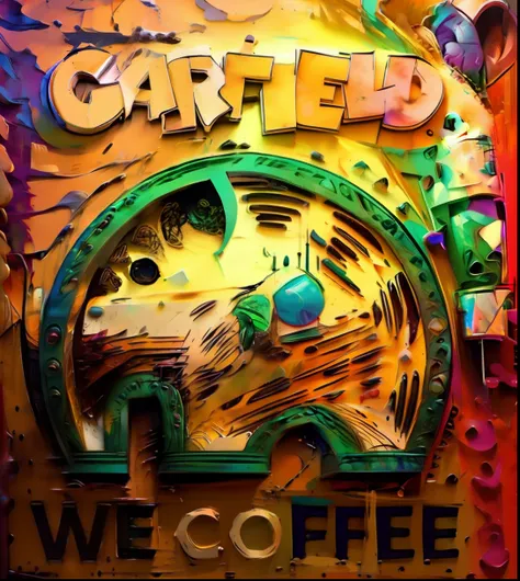 um close up de um sinal com um elefante  colorido sobre ele, Garfield, Quadrinhos de Garfield, Arte Warcaft, Caulfield, inspirado em Charles W. Bartlett, we, Zombie Coffee Logo, coffee shop, morning coffee, 🐋 as 🐘 as 🤖 as 👽 as 🐳, coffee smell, Fanart ofici...