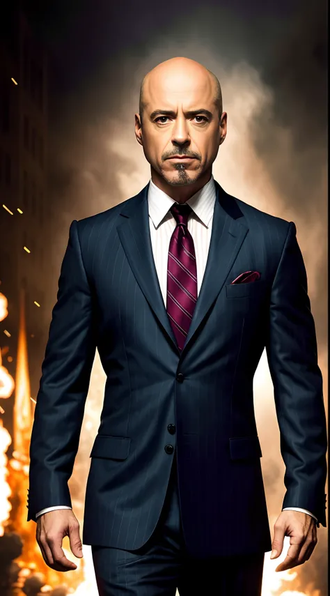 (extremely detailed 8k wallpaper), a medium shot photo of Robert Downey Jr as Lex Luthor, no hair, Intricate detail, High Detail, dramatic, evil smile, apocalyptic background, head room space, 8k, photorealistic, full body shot