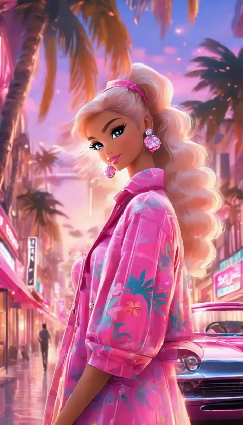 Make another scene with the same style, Barbie is now outside the perfume shop, Now shes holding a perfume shop bag, She was about to get in the car, Her car is a C1 Corvette, Pink and white, C1 Corvette, She wears a pink and white plaid dress，The backgrou...