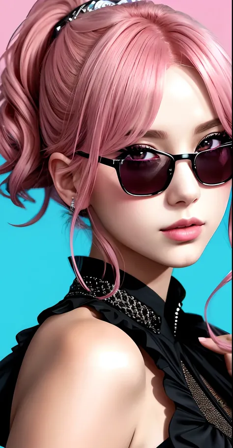 Close-up of a pink-haired woman wearing sunglasses, Anime style. 8K, style of anime4 K, anime vibes, Anime style, High quality anime art style, Anime art style, Style anime,  ig studios anime style, style of anime, Anime style mixed with Fujifilm, close up...