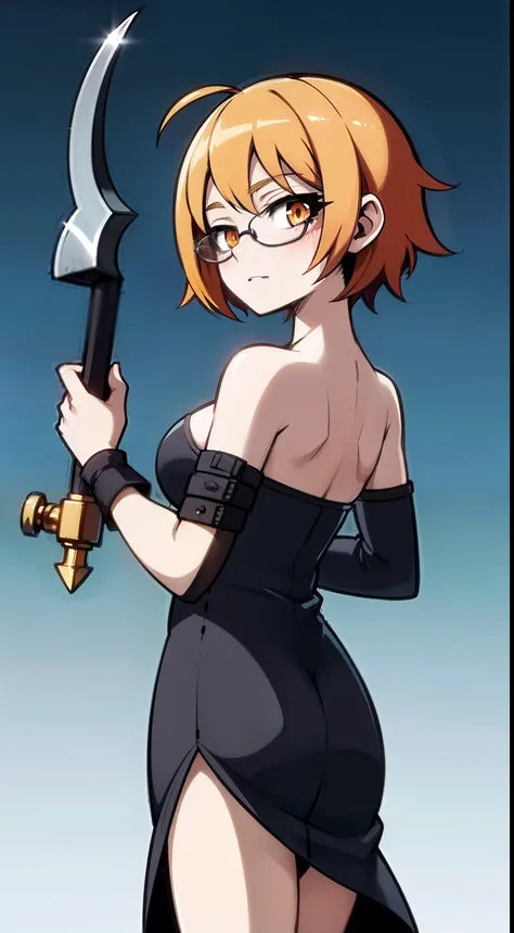 Big Tits. Glasses. Orange Eyes. Orange hair. magical little girl. Weapon is an axe. Anime Girl. Short hair, anime style eyes, anime keyvisual. Perfect pupil. Solo.