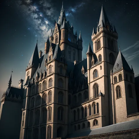 Gothic dark style castle，Black night sky