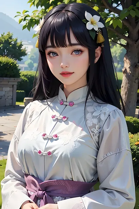 shuimobysim,masterpiece,best quality,extremely delicate and beautiful, beautiful detailed eyes and face, clear sharp focus,((chinese style )),(flowers,woods),outdoors,rocks, looking at viewer, make happy expressions,soft smile,pure,beautiful intricacy clot...