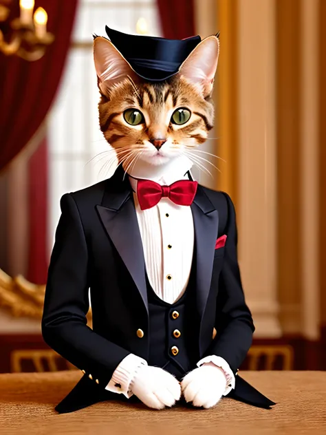 a cute little cat　Cat in aristocratic attire　The body is human and the face is a cat　poseing　deacon　tailcoat　formal clothes　Luxurious decoration　chandeliers　candelabra　palatial palace　red bowtie