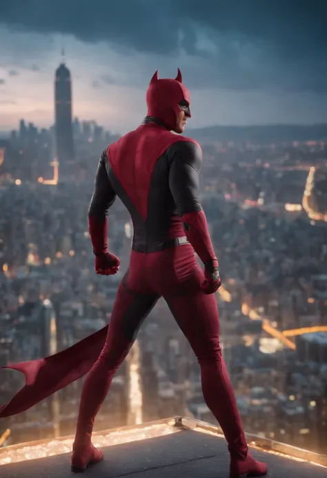 anime cover, dare devil first suit, tall city behind him