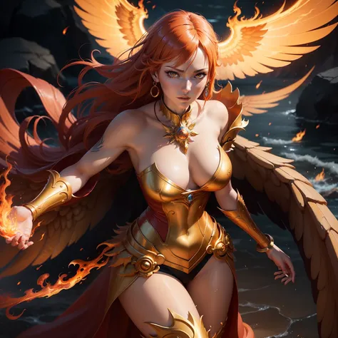 a close up of Nami from one piece with a fire and flames on her body, with fiery golden wings of flame, with fiery golden wings, epic fantasy art style, concept art | artgerm, phoenix warrior, extremely detailed artgerm, epic fantasy digital art style, fem...