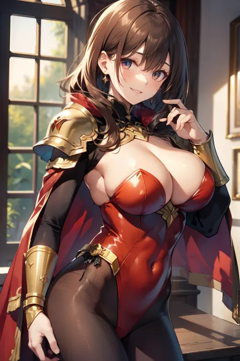 top-quality、Full limbs、complete fingers、Slender beauty、straight haired、Brown hair、((Red High Neck Long Sleeve Leotard:1.3))、Gold patterned leotard、(Brown pantyhose:1.3)、red cloak、Western armor、Iron breastplate、Iron shoulder rest、Iron Gauntlet、Iron shin pad...