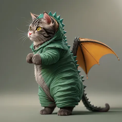 Cute cat, standing, cute, wearing Godzilla costume,form side,