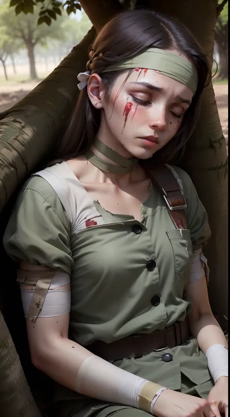 The heartbreaking sight of a female war soldier sitting under a tree covered in wounds and bleeding, his clothes were tattered and torn, closed eyes, sleeping, ((bleeding)), (bandage, head bandage), (amputated arm)