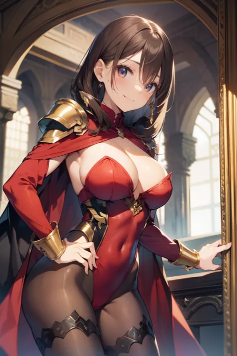 top-quality、Full limbs、complete fingers、Slender beauty、straight haired、Brown hair、((Red High Neck Long Sleeve Leotard:1.3))、Leotard with gold pattern、(Brown pantyhose:1.3)、red cloak、Western armor、Iron breastplate、Iron shoulder rest、Iron Gauntlet、Iron shin ...