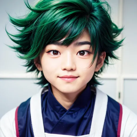 a close up of a asian boy smiling with green hair and a blue shirt, high quality, detailed face, without any glasses