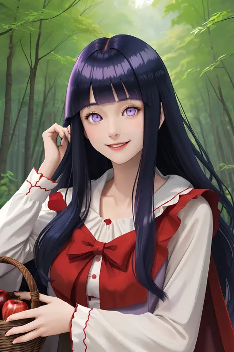 Cat character、red riding hood、in woods、2 head body、Smiling smile、Apple basket、animesque、no_human,long dark blue hair,Blunt Bangs,purple eyes,1 girl, Hinata Hyuga