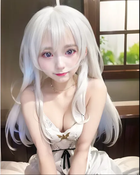 anime girl with long white hair sitting on a bed, white haired deity, anime visual of a cute girl, perfect white haired girl, girl with white hair, anime best girl, white haired, white haired lady, white-haired, seductive anime girl, anime visual of a youn...