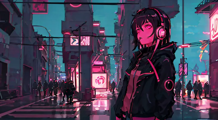 anime girl with headphones in crowded city at night, [ 4k synthwave art style ]!!, nightcore, lofi artstyle, anime style 4 k, an...