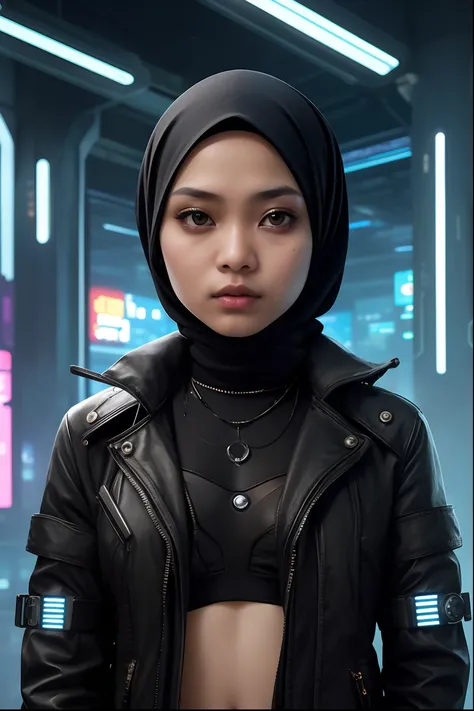 Create a high-quality portrait photograph of a young Malay girl in hijab, elegantly dressed in a cyberpunk-inspired outfit, set against the lush backdrop of a dense jungle. Capture her with exceptional detail in a half-body shot, highlighting the fusion of...