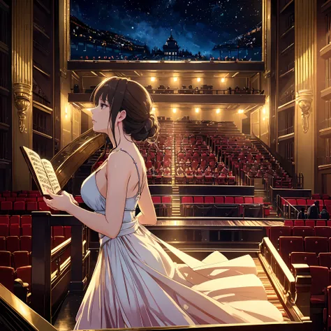 A girl playing the piano in a beautifully decorated concert hall, classical music, grand piano, elegant stage, graceful hand movements, exquisite makeup, flowing gown, stage lights, soft spotlight, stage curtains, dramatic atmosphere, emotional expression,...