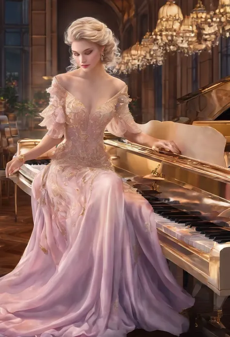 A girl playing the piano in a beautifully decorated concert hall, classical music, grand piano, elegant stage, graceful hand movements, exquisite makeup, flowing gown, stage lights, soft spotlight, stage curtains, dramatic atmosphere, emotional expression,...