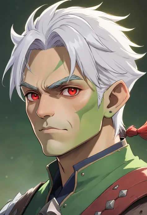 half orc, green skin, male, close up portrait, fantasy look, rpg character, medieval fantasy, white hair, red eyes, 1.90 height, muscolar, half-body shot, scars, ((Taper Haircut + Brushed Up mans hairstyle))