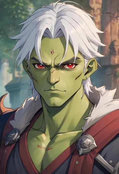 half orc, green skin, male, close up portrait, fantasy look, rpg character, medieval fantasy, white hair, red eyes, 1.90 height, muscolar, half-body shot, scars, ((Taper Haircut + Brushed Up mans hairstyle))