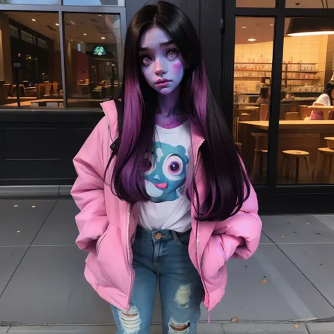 A cute anime (zombie girl) with (dark purple straight hair), freckles, (blue skin), (big pink eyes), pink nose, in aesthetic pose, full body shot, in a starbucks.