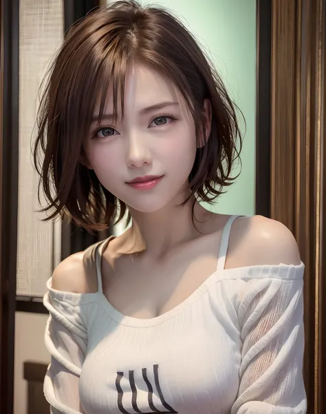 of the highest quality, 超A high resolution, (Photorealistic: 1.3), Beautiful eyes, Super beautiful, Short hair, Beautiful breasts, Lovers, T-shirt with rough chest, An eye that invites the viewer, Lovers Eyes, Invite facial expressions, Sexy smile, Perfect...