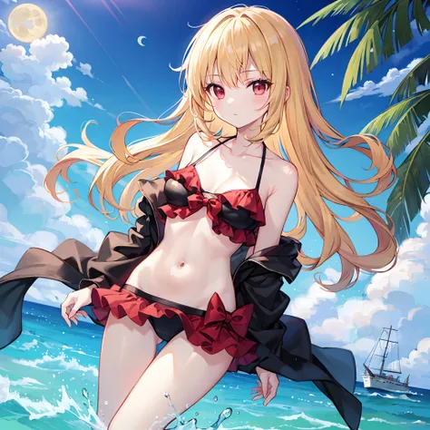 Wavy blonde、red eyes、Beautiful girl alone、The bikini、a moon、sea side、natta