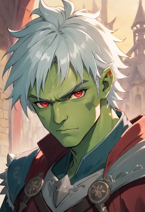 half orc, green skin, male, close up portrait, fantasy look, rpg character, medieval fantasy, white hair, red eyes, 1.90 height, muscolar, half-body shot, scars, ((Taper Haircut + Brushed Up mans hairstyle)), black boots, fullbody ((fullbody))