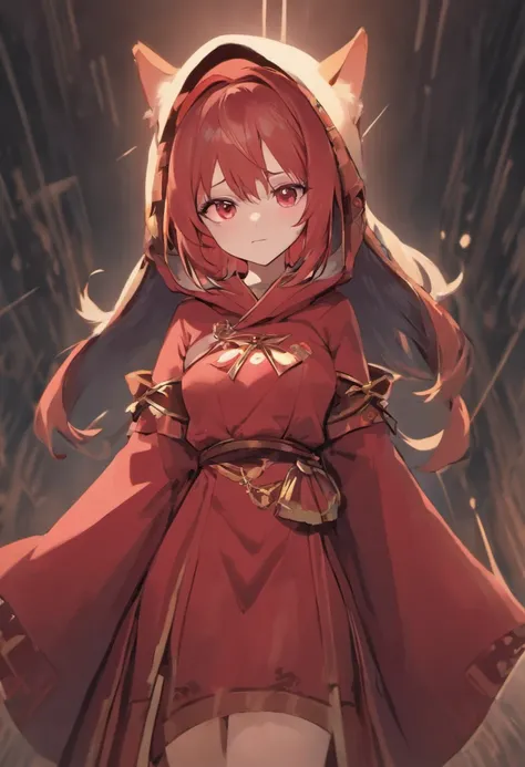 （SENSE OF CINEMA）style of anime，Loli body type，Wear a wide and solemn robe，brunette color hair, Long hair，red - eyed， The main colors of the costume are crimson and black，timid， cat ear， effeminate， obedient ，Antique costumes（Middle Ages style）， Wide robe ...