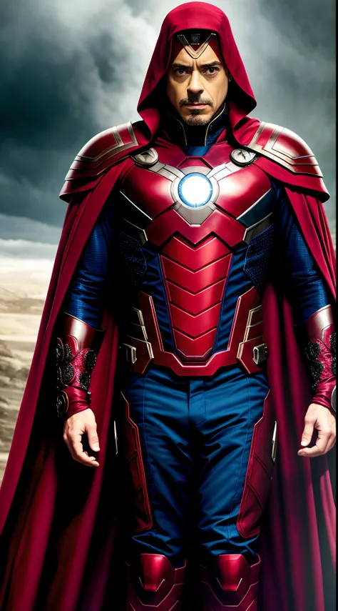 (extremely detailed 8k wallpaper), a medium shot photo of Robert Downey Jr as Magneto, red cape, Intricate detail, High Detail, dramatic, evil smile, apocalyptic background, head room space, 8k, photorealistic, full body shot