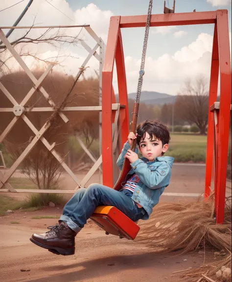 Retrato muy detallado cg, 4-year-old boy in Jean jacket, Cabello muy corto, ((cabello rubio)) cabello rubio, 8 k resolution, 32k resolution, columpiandose