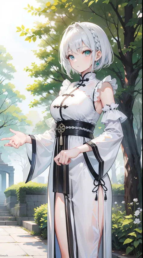 A 20 year old woman with silver hair and emerald eyes.  Short hair braided on one side  Wearing a white Chinese dress, standing in the park