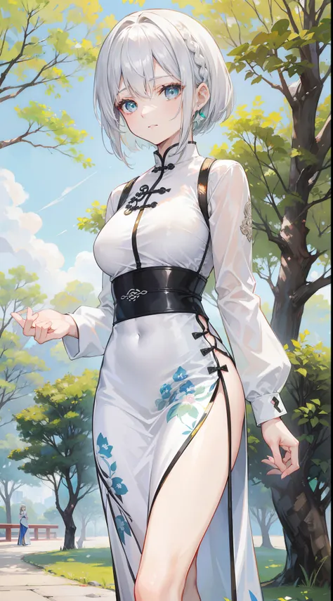 A 20 year old woman with silver hair and emerald eyes.  Short hair braided on one side, wearing a white Chinese cheongsam, standing in the park.