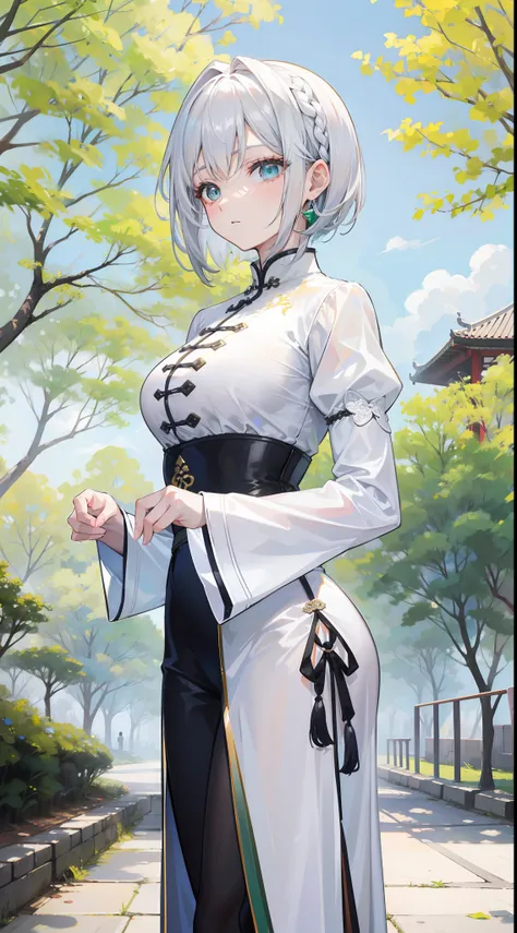 A 20 year old woman with silver hair and emerald eyes.  Short hair braided on one side, wearing a white Chinese cheongsam, standing in the park.