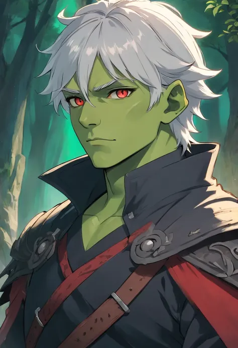 half orc, green skin, male, close up portrait, fantasy look, rpg character, medieval fantasy, white hair, red eyes, 1.90 height, muscolar, half-body shot, scars, ((Taper Haircut + Brushed Up mans hairstyle)), black boots, fullbody ((fullbody)), 30years, mu...