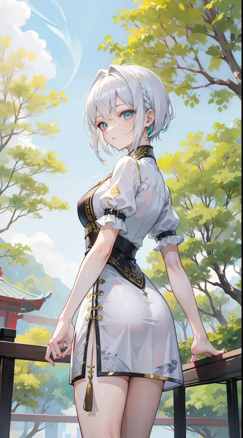 A 20 year old woman with silver hair and emerald eyes.  Short hair braided on one side, wearing a white Chinese cheongsam, standing in the park.