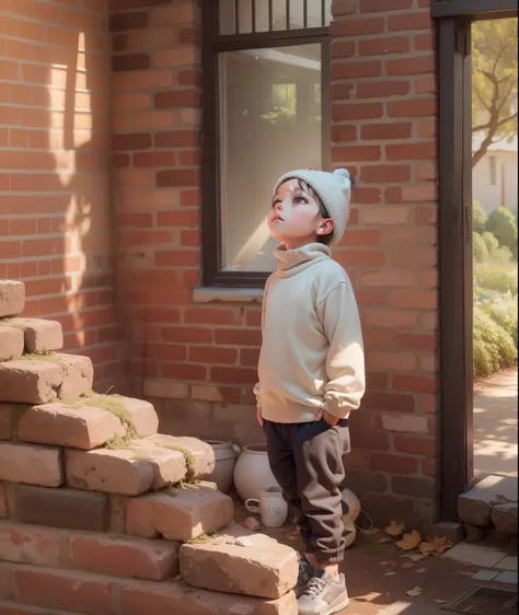 Retrato cuerpo entero, cuerpo completo, 4 year old, mirando al cielo, child wearing a wool cap, 8 k resolution, 32k resolution