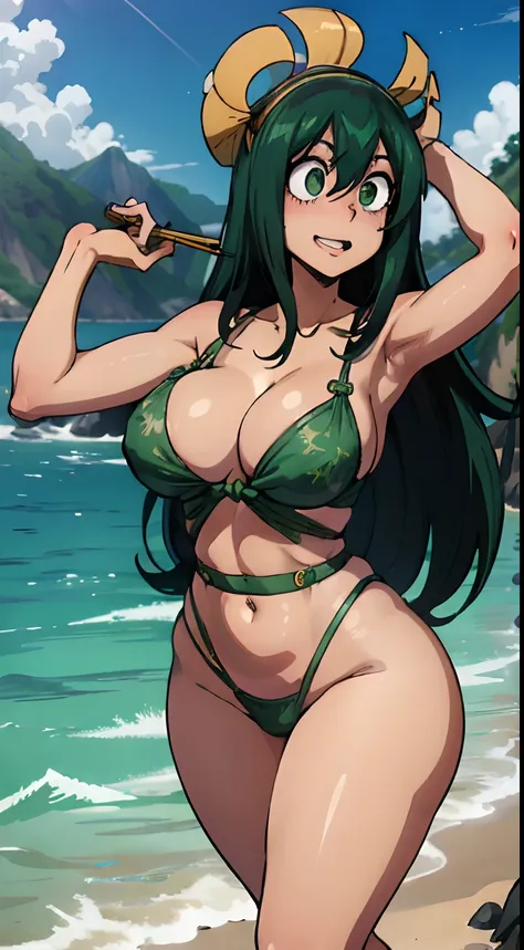 (melhor qualidade:1.3), Tsuyu Asui por boku no hero , (cara de), peituda, clivagem, sedutora, sexy, body curvy, bunda grande, peitos grande, (pov: tits), (Praia),