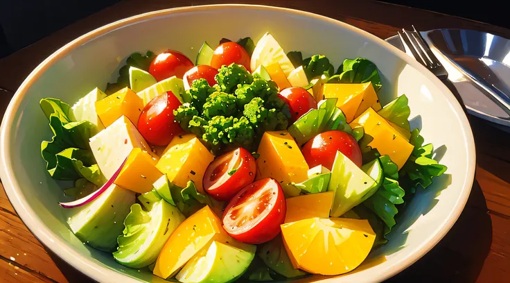 ((Masterpiece)), ((Best Quality)), A close-up of a colorful salad bowl filled with fresh, organic vegetables, promoting a healthy diet.