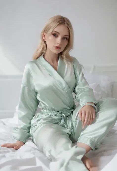 A photo in a comfortable and cozy setting with a bed covered in white sheets. A pair of womens pajamas in cotton fabric and elegantly arranged on the bed. The predominant colors in the scene are pastel shades of green, em harmonia com a identidade visual d...