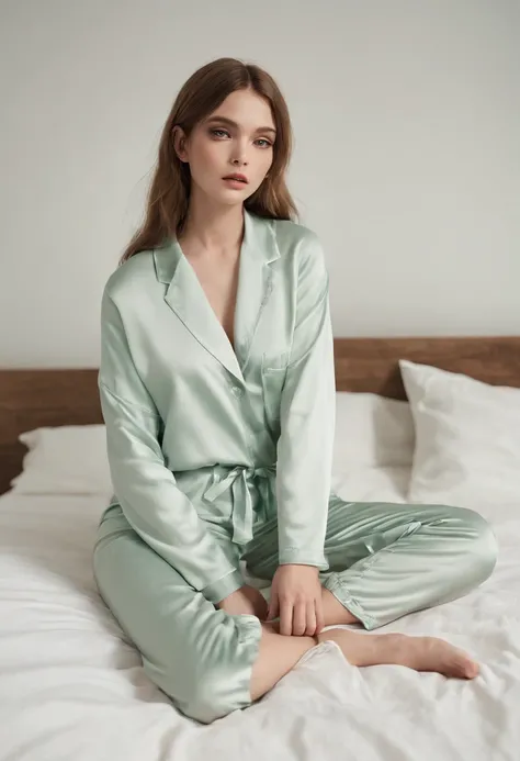 A photo in a comfortable and cozy setting with a bed covered in white sheets. A pair of womens pajamas in cotton fabric and elegantly arranged on the bed. The predominant colors in the scene are pastel shades of green, em harmonia com a identidade visual d...