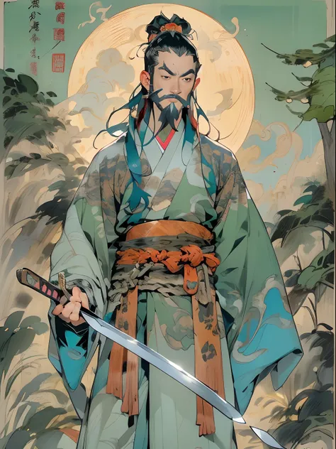 (((China-style，Ink painting method，Half-length portrait，Intense color，Han dynasty, China，Hanfu，Armor，Guan yu，Guan Yunchang，of a guy，Ruddy killing square face，Hold the Blue Dragon Moon Knife in his right hand，Stroke your beard with your left hand，Long hair，...