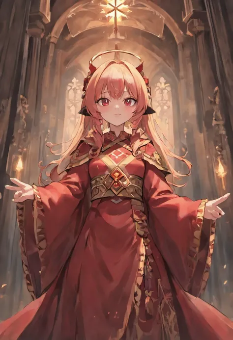 （SENSE OF CINEMA）Loli body type，Juvenile，Wear a wide and solemn robe，Long dark and silky hair，red - eyed， The main colors of the garment are black and crimson，timid， cat ear， effeminate， obedient ，Religious dress in medieval style