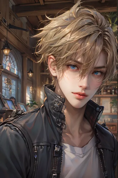 (absurdres, highres, ultra detailed, HDR), masterpiece, best quality, Final Fantasy 7, short hair, handsome face, anime eyes, detailed interior, detailed character