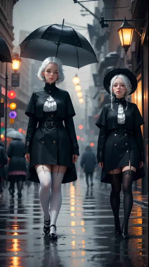 ,twins,White hair,Stockings,Mature female,rain,Night City