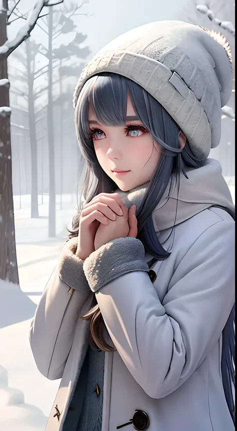 A girl stands in a winter wonderland, her thick cotton coat and pointed woolen hat contrasting against the snow-covered landscape, her hands cupped around a pile of freshly fallen snow, her gaze directed towards the mild winter sun.