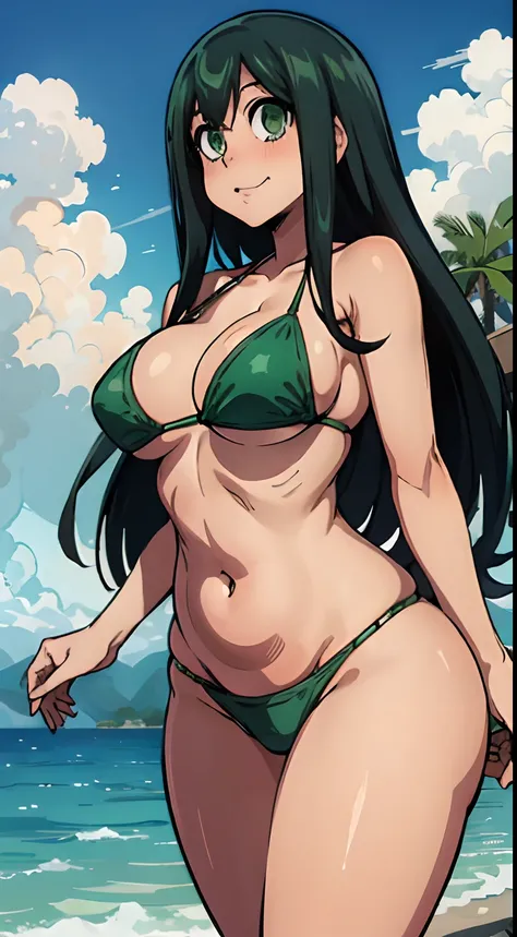 (melhor qualidade:1.3), Tsuyu Asui por boku no hero , (looking at the view), peituda, clivagem, sedutora, sexy, body curvy, bunda grande, peitos grande, (bikini) , ((belly showing))