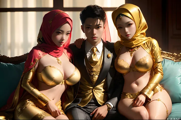 there are three people dressed in gold and red posing for a picture, three futuristic princes, range murata and artgerm, artwork in the style of guweiz, official fanart, harem, high quality fanart, in the style of ross tran, highly detailed exquisite fanar...