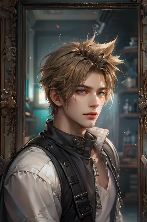 (absurdres, highres, ultra detailed, HDR), masterpiece, best quality, Final Fantasy 7, short hair, handsome face, anime eyes, detailed interior, detailed character